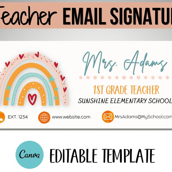 Teacher Email Signature, Email Template for Teachers, Email Signature Template Canva, Boho Rainbow