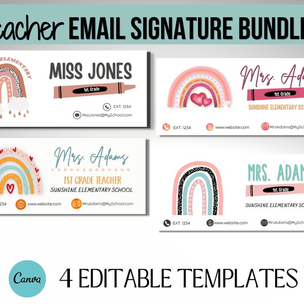 Teacher Email Signature BUNDLE, Email Template for Teachers, Email Signature Template Canva, 4 Boho Rainbow Email Signature Templates