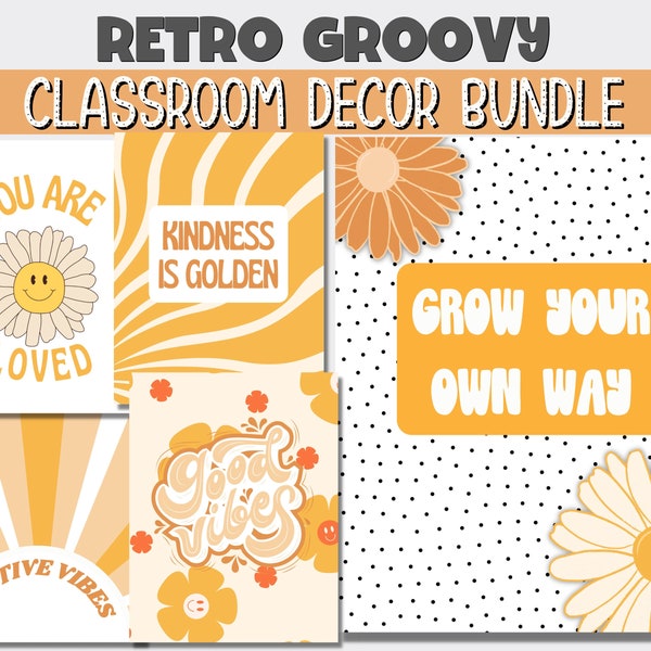 Classroom Decor Bundle, Groovy Classroom Decor Elementary Posters, EDITABLE Retro Growth Mindset Posters