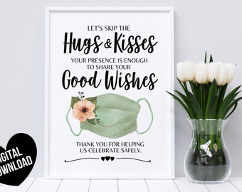 Covid Wedding Signs, Face Mask Wedding Signs, Printable Social Distance Sign, Skip Hugs and Kisses Welcome Sign, Instant Download