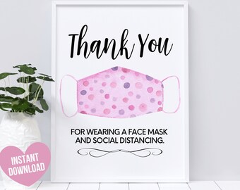 Face Mask Sign, Thank You for Wearing a Face Mask and Social Distancing Printable Sign, Covid Safety signage for Office or Wedding
