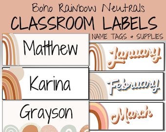 Boho Rainbow Classroom Labels, Student Desk Label Cards, EDITABLE Name Tags, Student Desk Plate