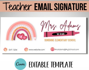 Teacher Email Signature, Email Template for Teachers, Email Signature Template Canva, Boho Rainbow