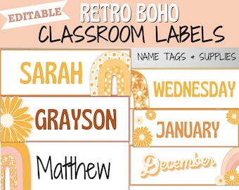 Boho Classroom Labels, Student Name Tags, Retro Boho Classroom Decor, EDITABLE Classroom Supply Labels