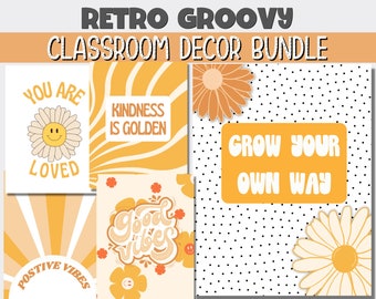 Classroom Decor Bundle, Groovy Classroom Decor Elementary Posters, EDITABLE Retro Growth Mindset Posters