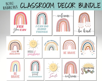 Classroom Decor Bundle, Boho Classroom Decor, Boho Rainbow Classroom Decor, PRINTABLE Be Kind Posters for Classroom