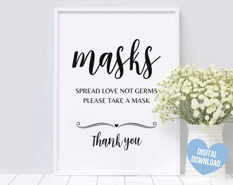 Covid Wedding Sign, Masks Please Take one, Printable Wedding Safety Table sign, Favors sign for Instant Download