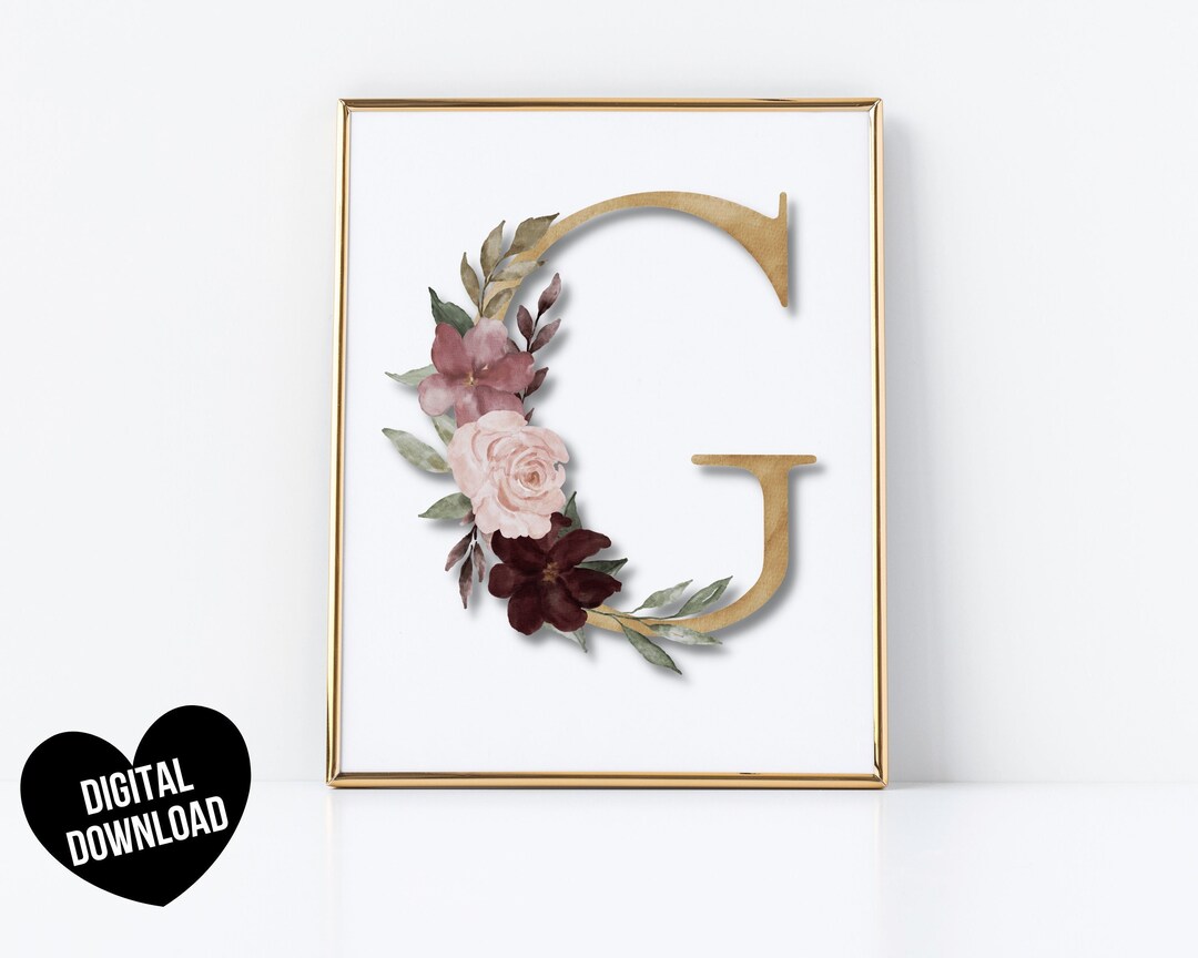 Letter Art Print, PRINTABLE Letter G Wall Art, Initial Wall Art, Floral