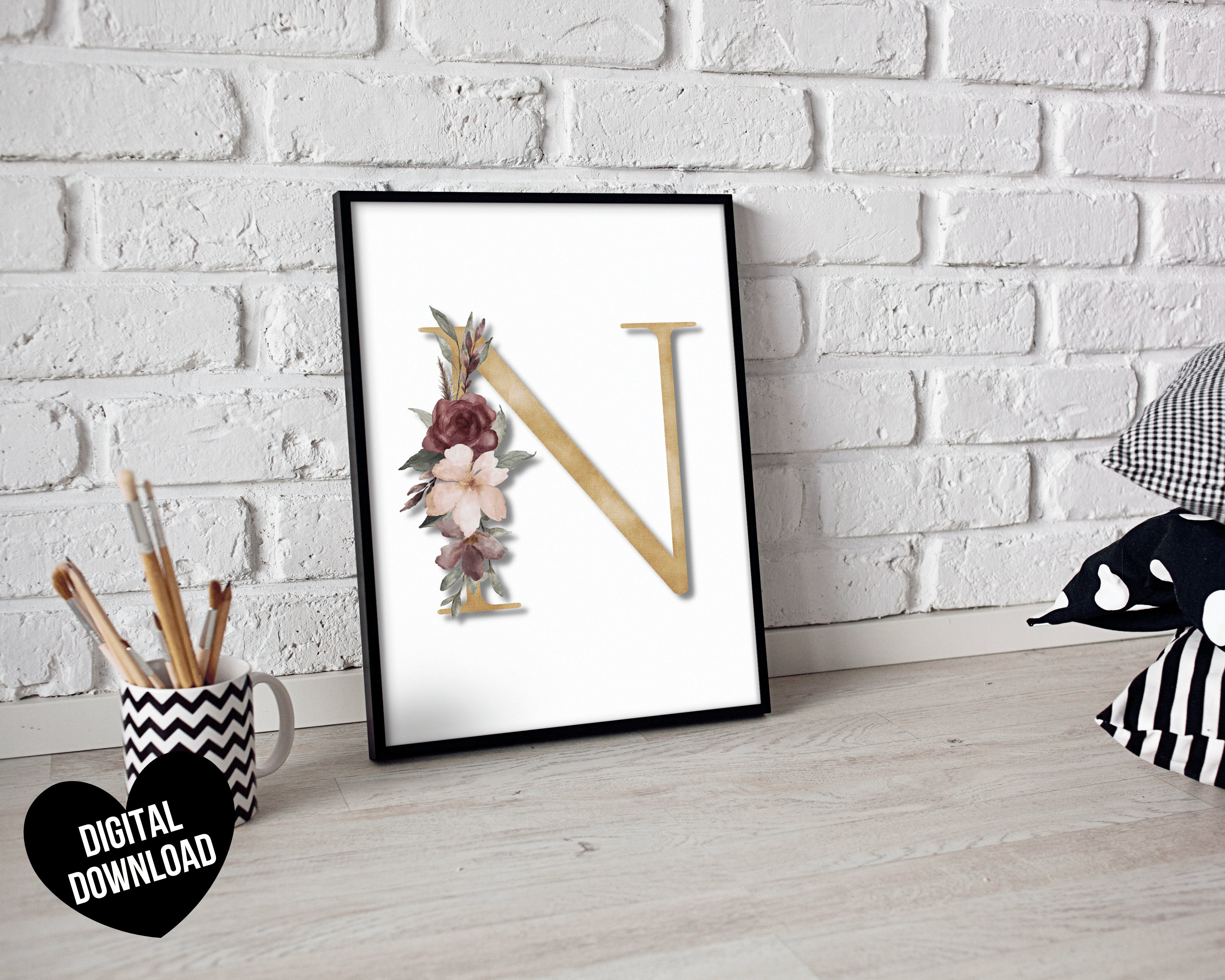 Letter Art Print PRINTABLE Letter N Wall Art Initial Wall Etsy