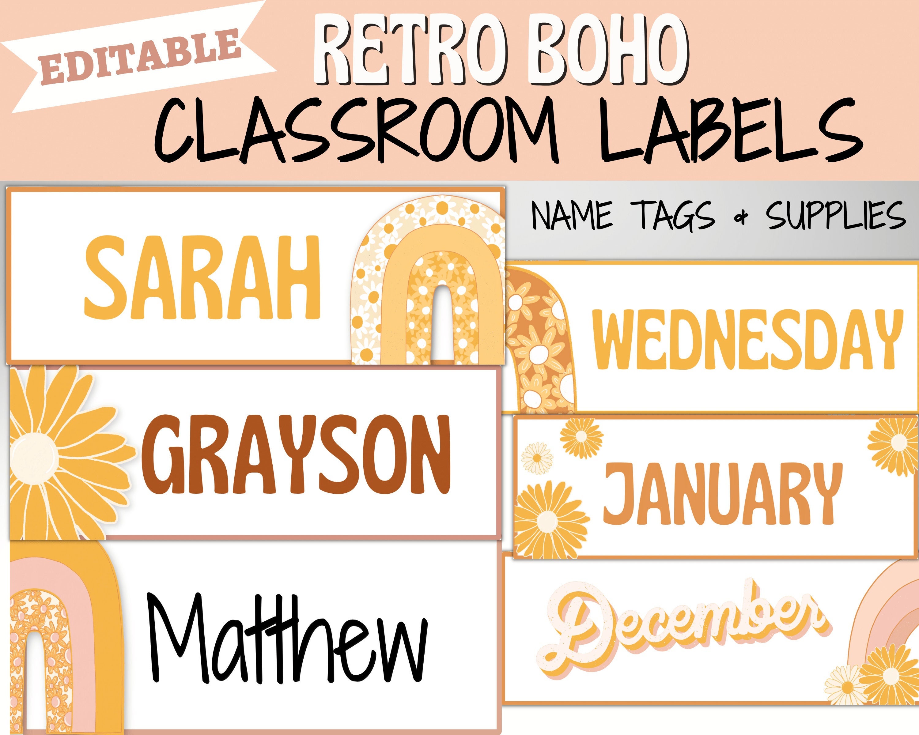 Boho Classroom Labels Student Name Tags Retro Boho Classroom Etsy school-bus-name-tags-editable