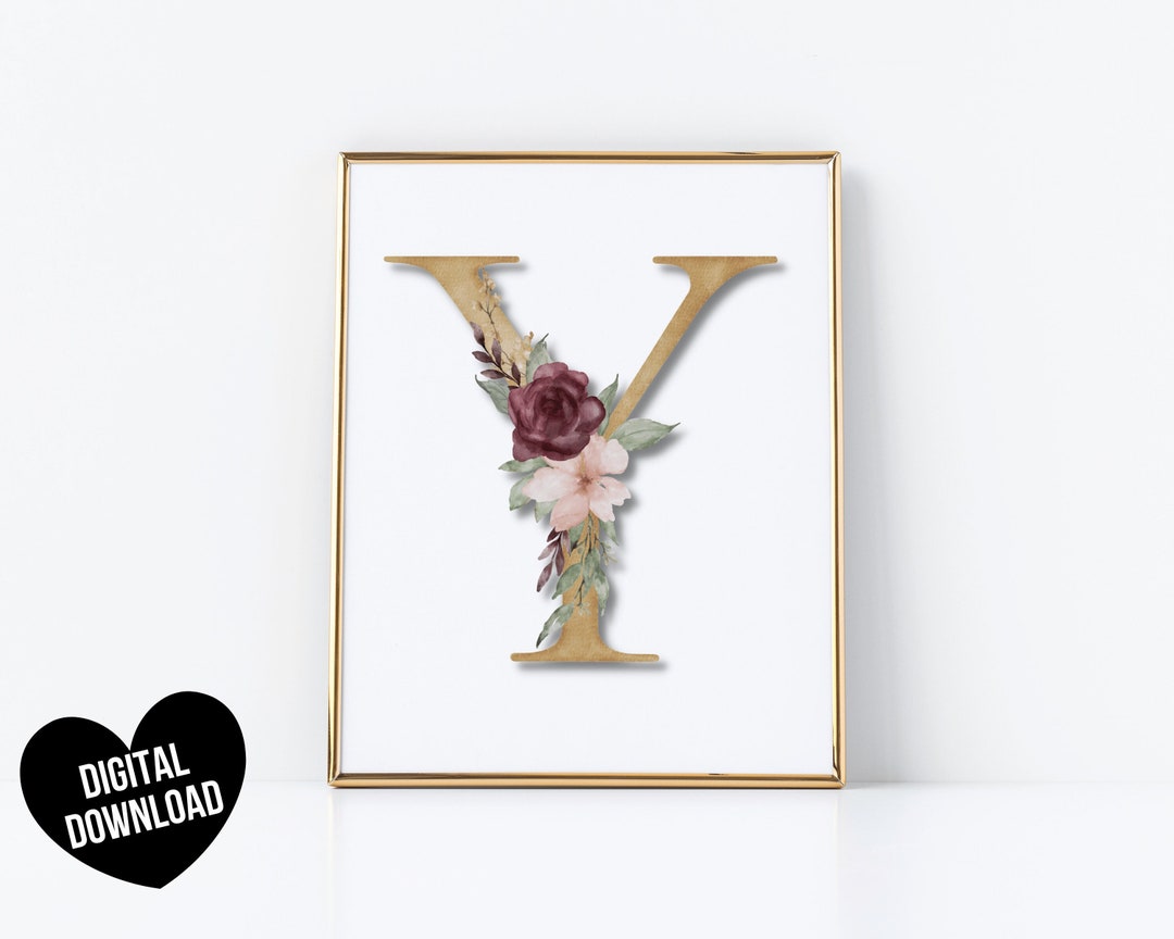 Letter Art Print, PRINTABLE Letter Y Wall Art, Initial Wall Art, Floral