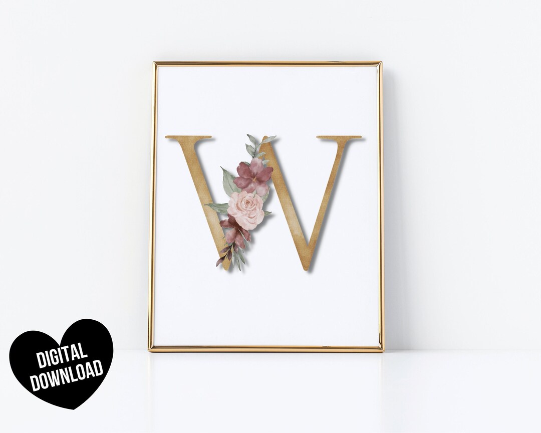 Letter W Wall Art, PRINTABLE Letter Art Print, Initial Wall Art, Floral
