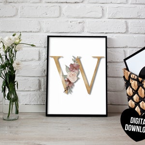 Letter W Wall Art, PRINTABLE Letter Art Print, Initial Wall Art, Floral ...