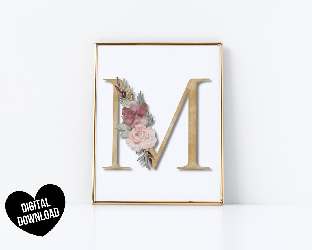 Letter Art Print, PRINTABLE Letter M Wall Art, Initial Wall Art, Floral Letter Monogram Wall ...