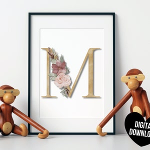 Letter Art Print, PRINTABLE Letter M Wall Art, Initial Wall Art, Floral Letter Monogram Wall ...