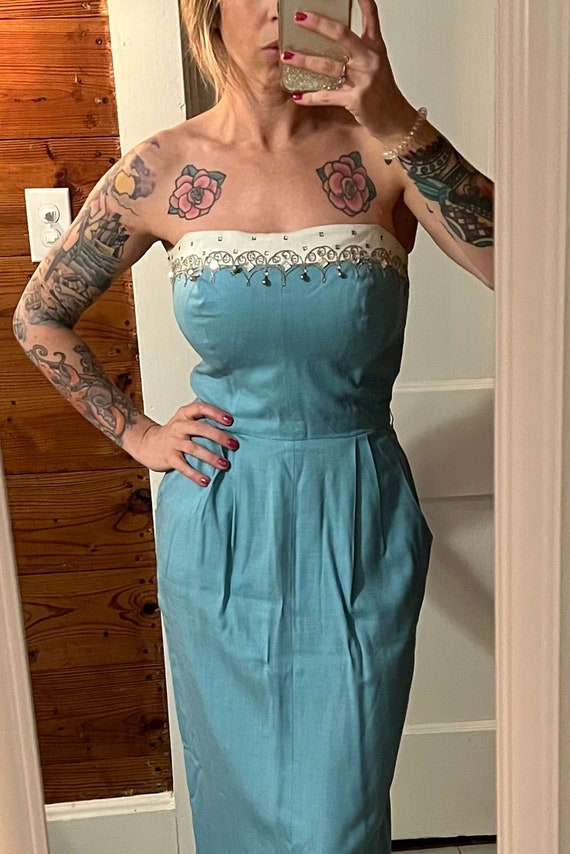 1950s strapless baby blue beaded cocktail dress