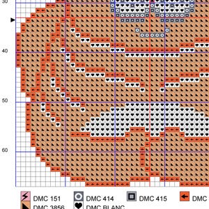 May include: A cross-stitch pattern featuring a pumpkin design. The pattern uses various colors, including orange, tan, black, and white, with DMC thread codes listed at the bottom. The design is composed of squares and triangles.