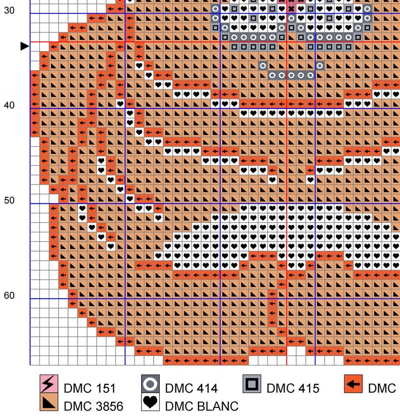 May include: A cross-stitch pattern featuring a pumpkin design. The pattern uses various colors, including orange, tan, black, and white, with DMC thread codes listed at the bottom. The design is composed of squares and triangles.
