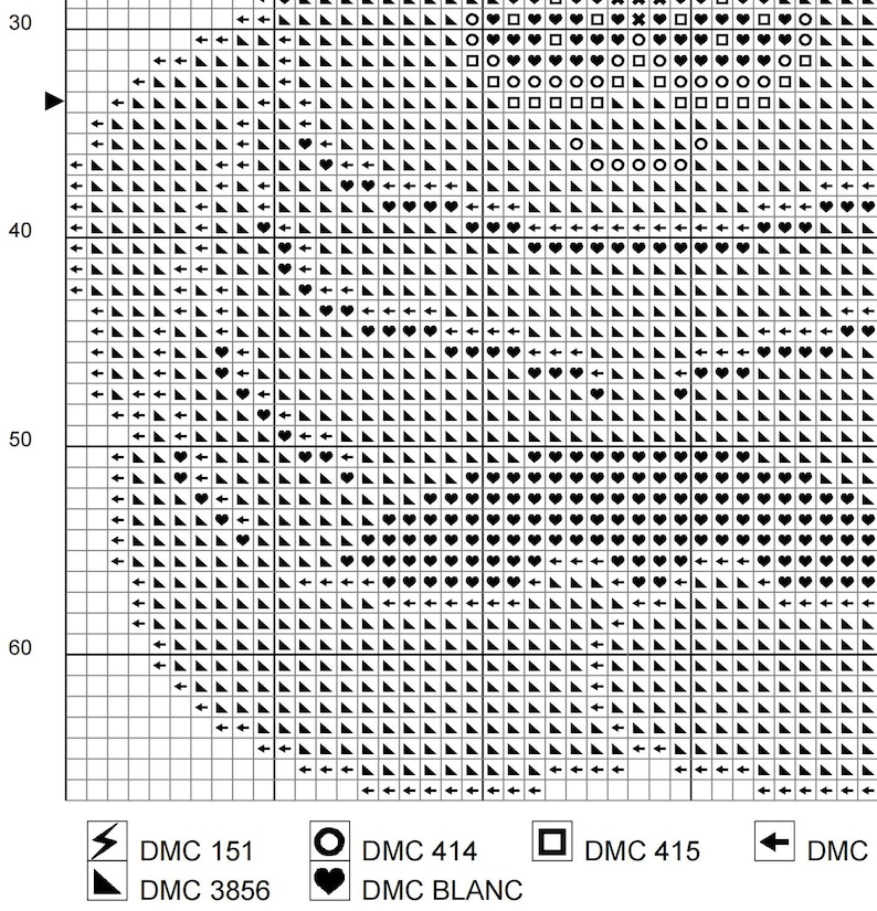 May include: A cross-stitch pattern chart with a circular design. The chart is filled with various symbols, including triangles, squares, circles, and hearts. The color codes are DMC 151, 3856, 414, 415, and BLANC.