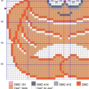 May include: A cross-stitch pattern featuring a cartoon character's face. The design uses shades of orange, white, gray, and pink. The pattern is displayed on a grid, with color codes for DMC threads.