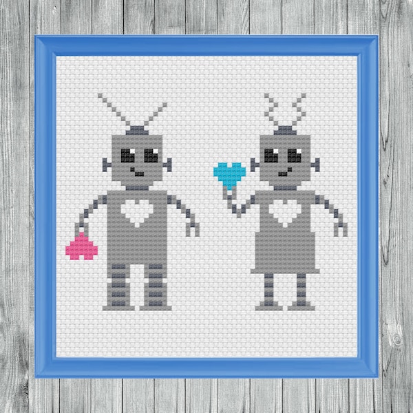 Robots Cross Stitch Pattern (Instant PDF Download) love machines robots in love counted cross stitch