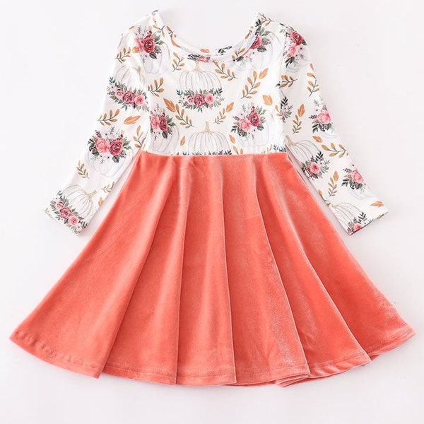 Pumpkin floral velvet twirl dress perfect for autumn and fall little girls baby dress super soft