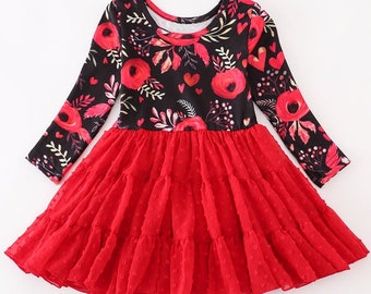 Red floral ruffle dress with red hearts and flowers