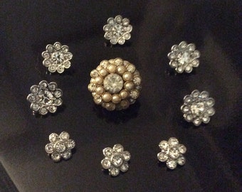 Rhinestone Buttons 3 Sizes: Three 10MM (silver) Five 16MM, & One 25MM (gold)