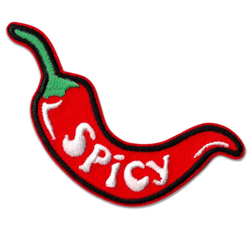 May include: Red chilli pepper with a black outline and the word "SPICY" written in white on it.