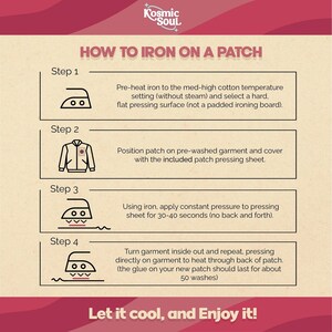 May include: A step-by-step guide on how to iron on a patch. The guide includes four steps with illustrations of an iron, a jacket, and a garment. The text includes instructions on preheating the iron, positioning the patch, applying pressure, and turning the garment inside out.