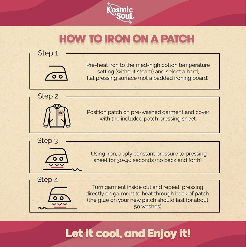 May include: A step-by-step guide on how to iron on a patch. The guide includes four steps with illustrations of an iron, a jacket, and a garment. The text includes instructions on preheating the iron, positioning the patch, applying pressure, and turning the garment inside out.