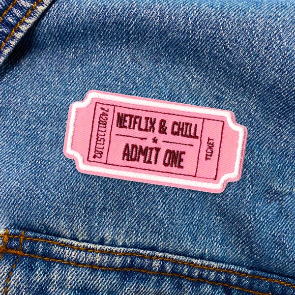 Netflix & Chill Patch | Pink Ticket Heart Embroidered Iron-On  Patch Applique | FREE SHIPPING