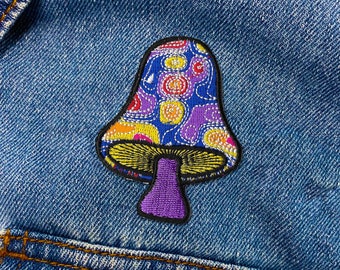 Funky Mushroom Patch | Swirly Psychedelic Mushroom Embroidered Iron-On Patch Applique | FREE SHIPPING