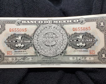 1970 Mexico Banknote 1 Peso UNC CRISP Paper Money Aztec Calendar Independence 
