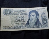 Banco Central De La Rebulica Argentina, Cinco Pesos 31.857.261B, Vintage Foreign World Currency Banknotes