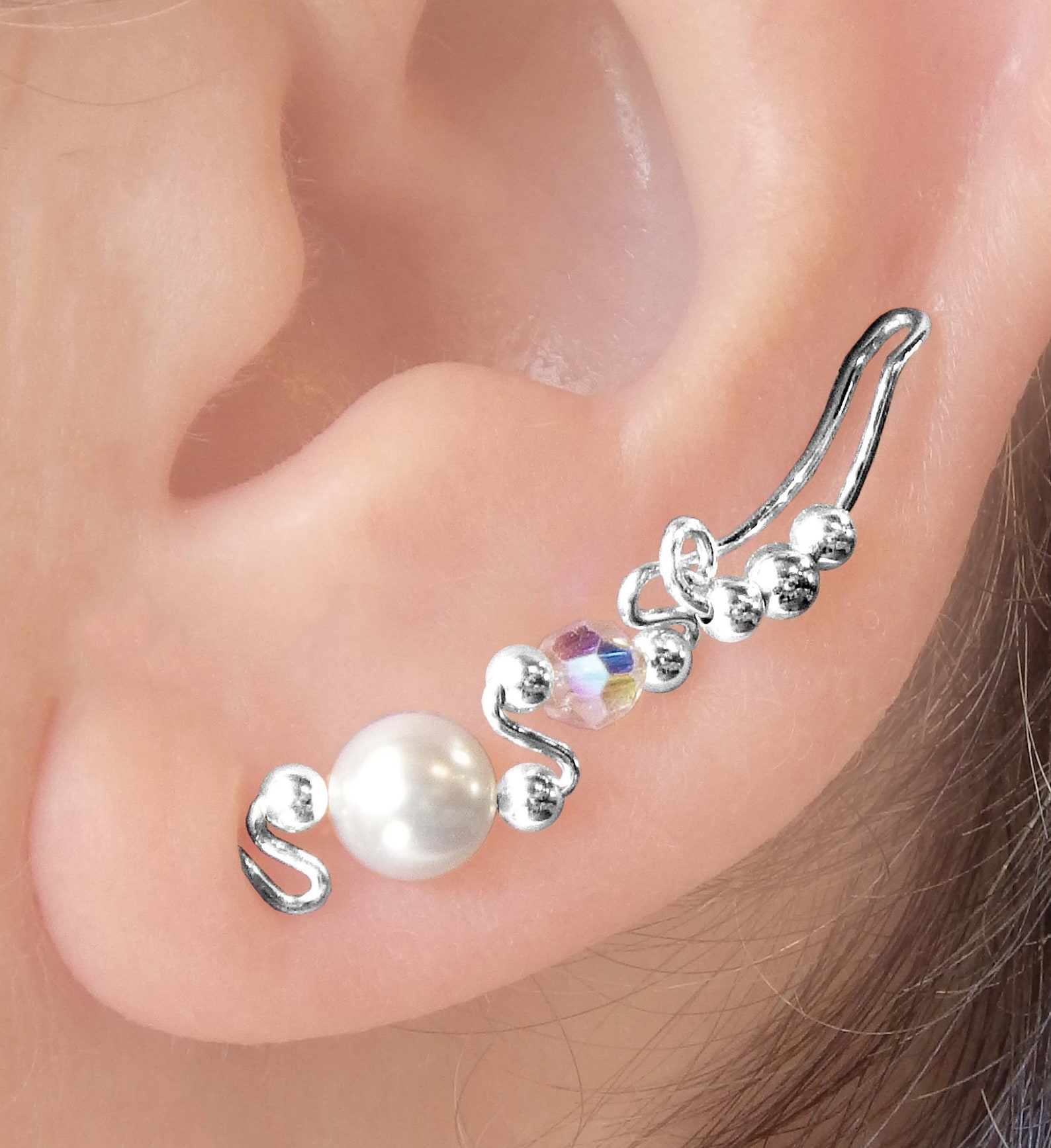 Silver Ear Climber, Elegant Climber, Drop Earring, Beaded Ear Climber