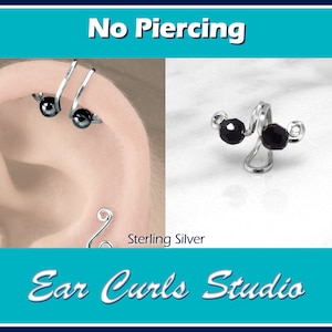 Manchette d’oreille argentée, manchette d’oreille d’hélice, manchette d’oreille de cartilage, perçage faux d’oreille, manchette d’oreille sans perçage, manchette perlée d’oreille, cristal de jet, boucles d’oreille, JetCf