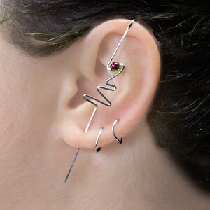 Manchette verrouillable, Manchette éclair, perles, Bijou d'oreille en argent, faux piercing d'oreille, vertical, industrie, haltères, lance, boucles d'oreilles, ECBolt2