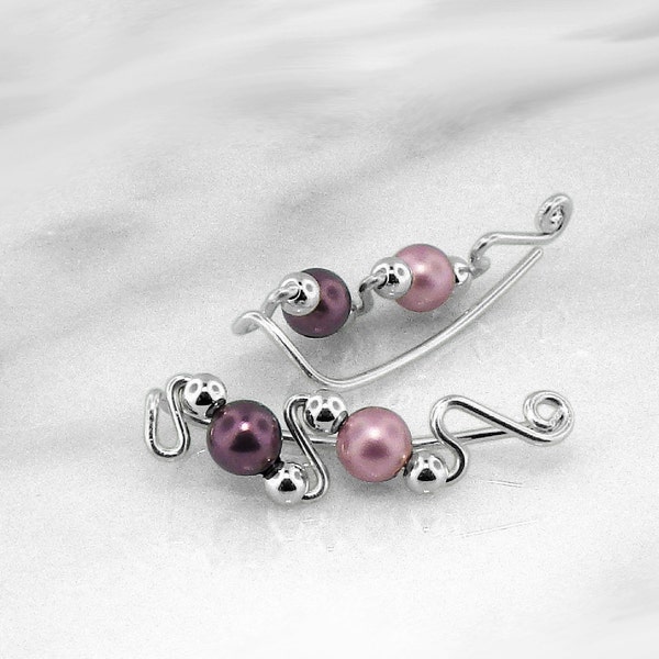 Silver Ear Climbers, Beaded Ear Climbers, Small Ear Climbers, Ear Pin, Minimalist Ear Climber, Ear Curls, Plum & Rose, PP2