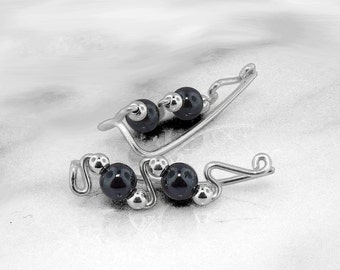 Silver Ear Climbers, Beaded Ear Climbers, Small Ear Climbers, Ear Pin, Minimalist Ear Climber, Ear Curls, Hematite, Hm2