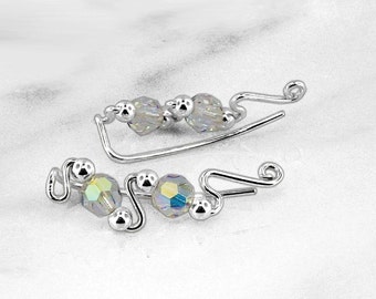 Silver Ear Climbers, Beaded Ear Climbers, Small Ear Climbers, Ear Pin, Minimalist Ear Climber, Ear Curls, Clear Crystal, CXL2