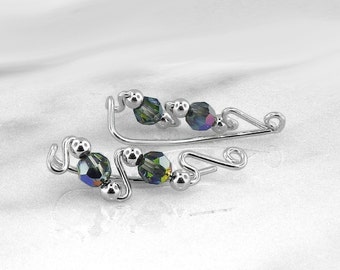 Silver Ear Climbers, Beaded Ear Climbers, Small Ear Climbers, Ear Pin, Minimalist Ear Climber, Ear Curls, Iridescent,  Vitrail Crystal, Vit2