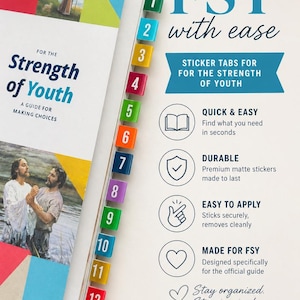 May include: A set of twelve colorful adhesive index tabs for the For the Strength of Youth guide. The tabs are numbered one through twelve in various colors, attached to the side of the book, with text detailing features like quick and easy access.