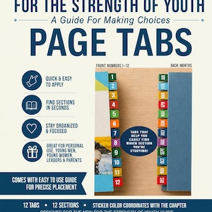 May include: A set of colorful page tabs for the For the Strength of Youth guide. The tabs feature numbers 1-12 on one side and months of the year on the other. The set includes a guide for placement, with text highlighting quick application and organization.
