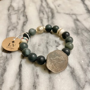 Genuine blue/green Agate gemstone bracelet with Afghan coin button. #BBC13