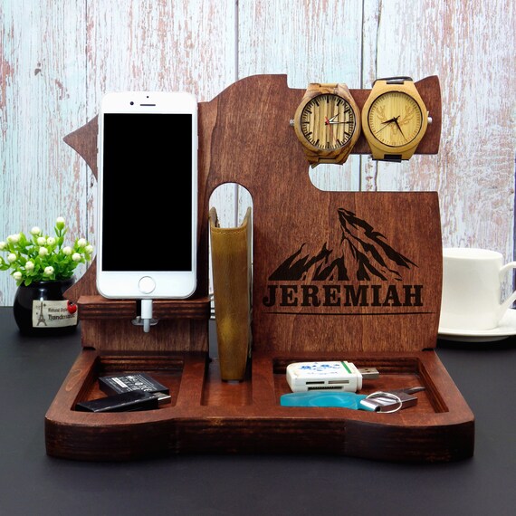 Wood Organizerdocking Stationanniversary Gift Mennightstand Etsy