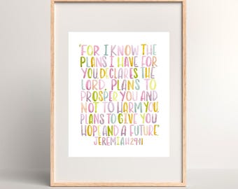 Water Color Bible Verse Printable Art for Kids Room Nursery Girls Jeremiah 29:11