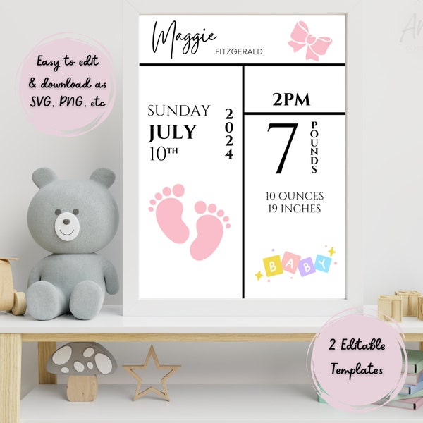 Baby Birth Announcement Template, Birth Stats File, Easy to Edit and Download as SVG, Baby Photo Props