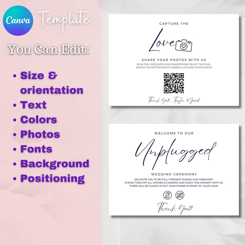 Unplugged Wedding Sign Template: QR Code Photo Sharing (canva Editable ...