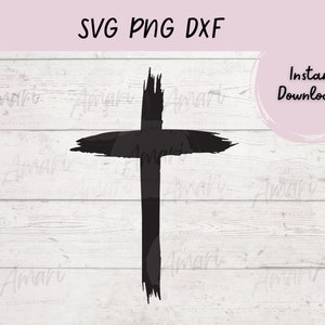 May include: Black and white digital download of a cross with a brushstroke effect. The cross is on a white wood background.